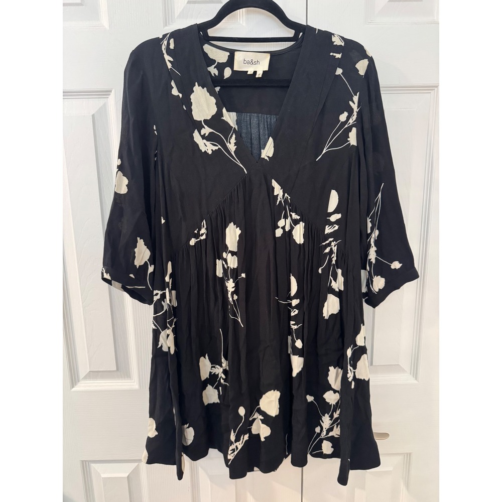 Ba&sh Pansy Floral V-Neck Mini Shift Dress Noir Black Cream Size XS